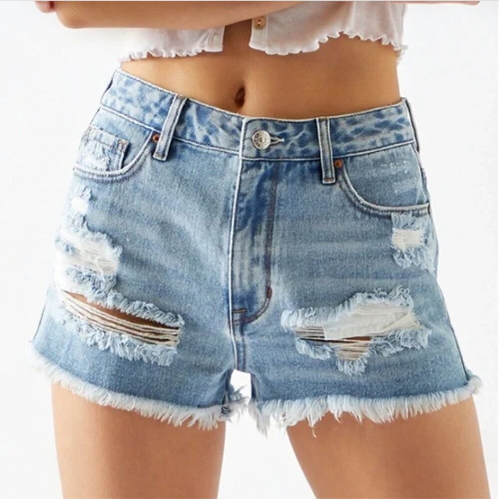 Pacsun High Rise Festival light blue short shorts with distressed rips
